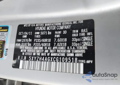 2012 Hyundai Santa Fe Se z USA, uszkodzony, nr VIN 5XYZH4AGXCG109518